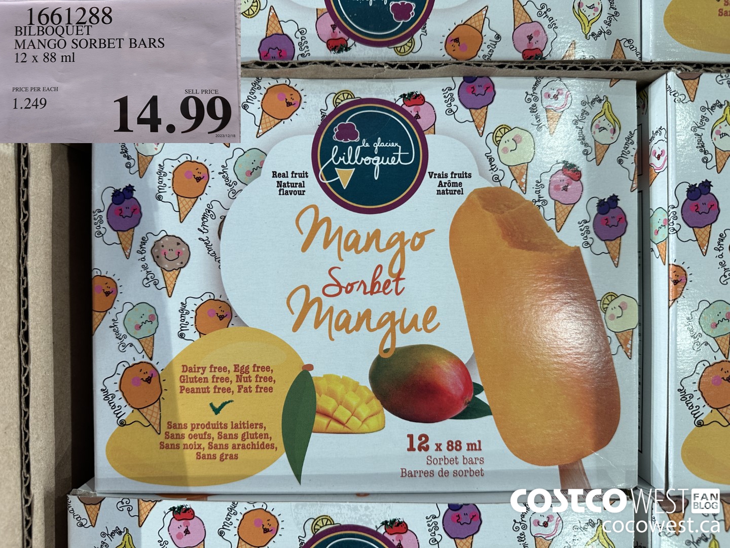1661288 BILBOQUET MANGO SORBET BARS 12 X 88 ML $14.99