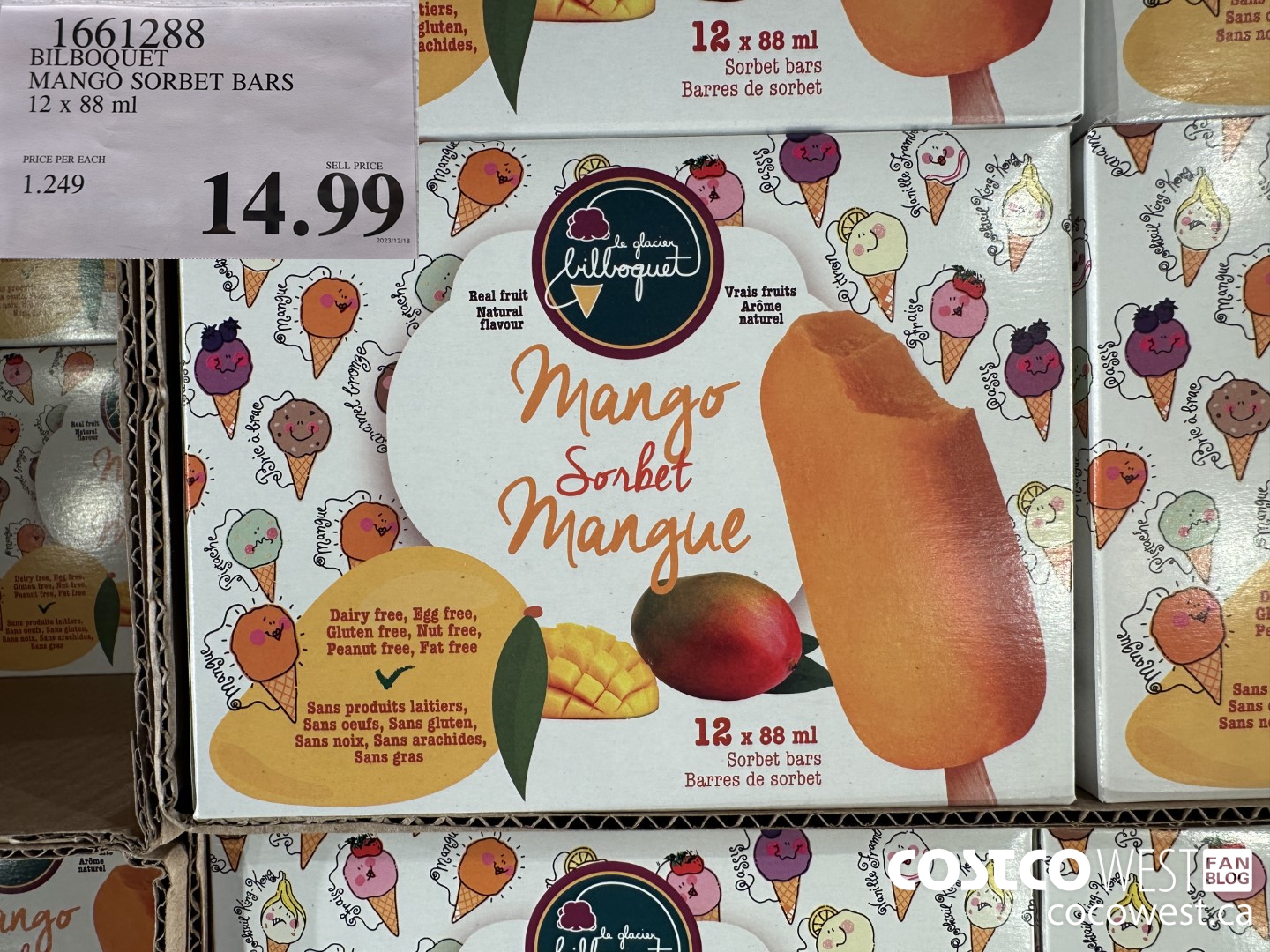 1661288 BILBOQUET MANGO SORBET BARS 12 X 88 ML $14.99