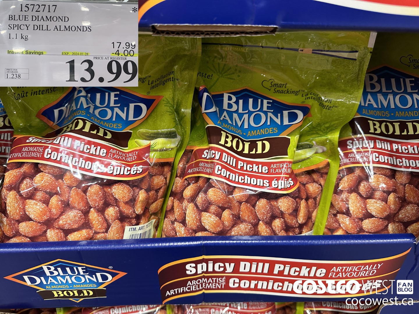 1572717 BLUE DIAMOND SPICY DILL ALMONDS 1.1 kg  ($4.00 INSTANT SAVINGS EXPIRES ON 2024-01-28) $13.99
