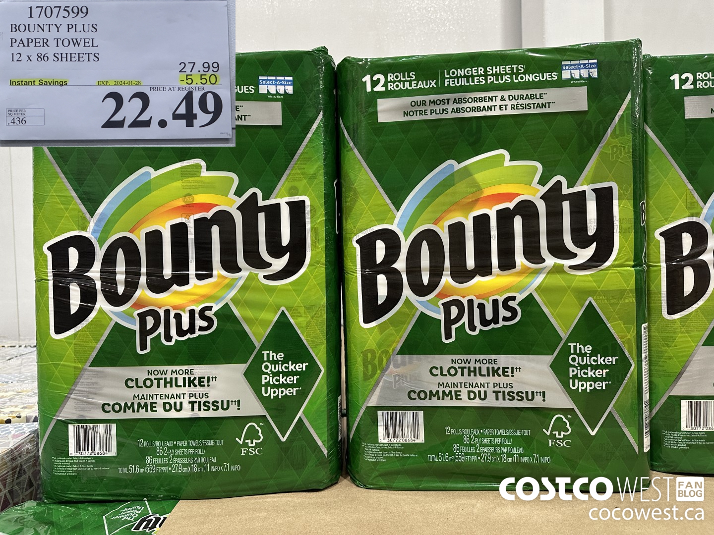 1707599 BOUNTY PLUS PAPER TOWEL 12 X 86 SHEETS ($5.50 INSTANT SAVINGS EXPIRES ON 2024-01-28) $22.49