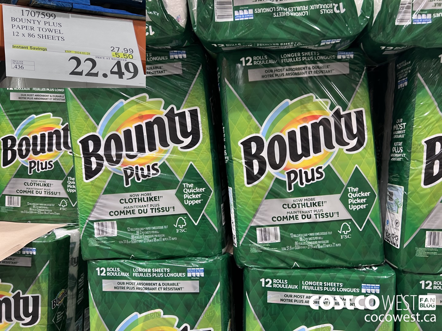 1707599 BOUNTY PLUS PAPER TOWEL 12 X 86 SHEETS ($5.50 INSTANT SAVINGS EXPIRES ON 2024-01-28) $22.49