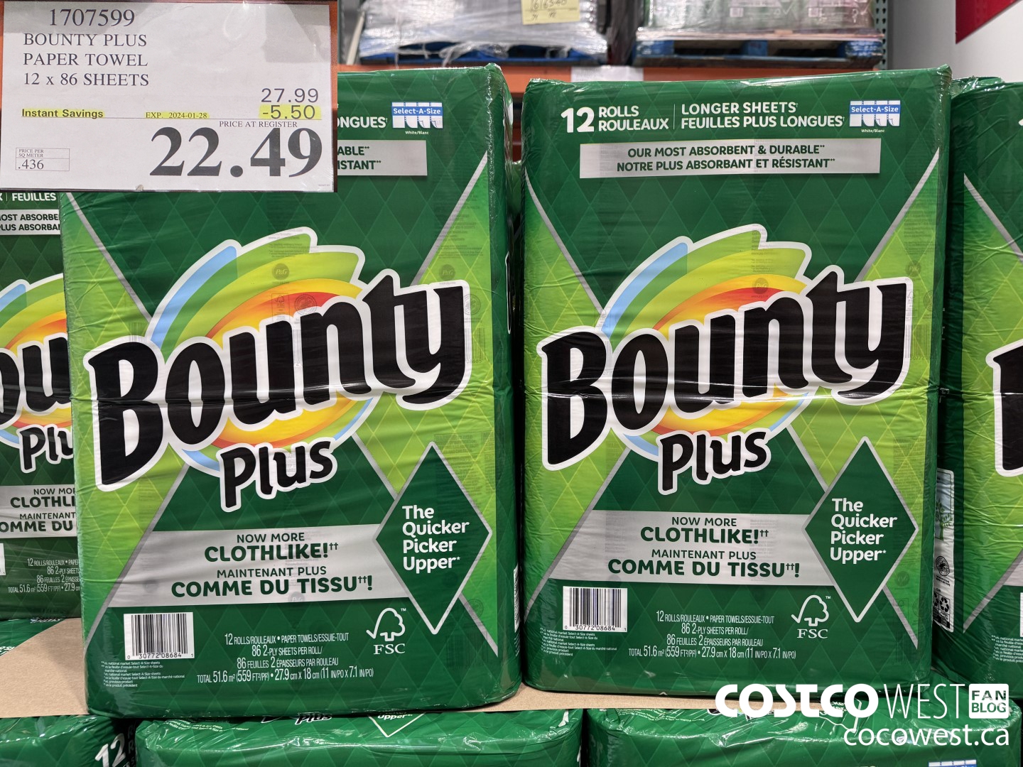 1707599 BOUNTY PLUS PAPER TOWEL 12 X 86 SHEETS ($5.50 INSTANT SAVINGS EXPIRES ON 2024-01-28) $22.49