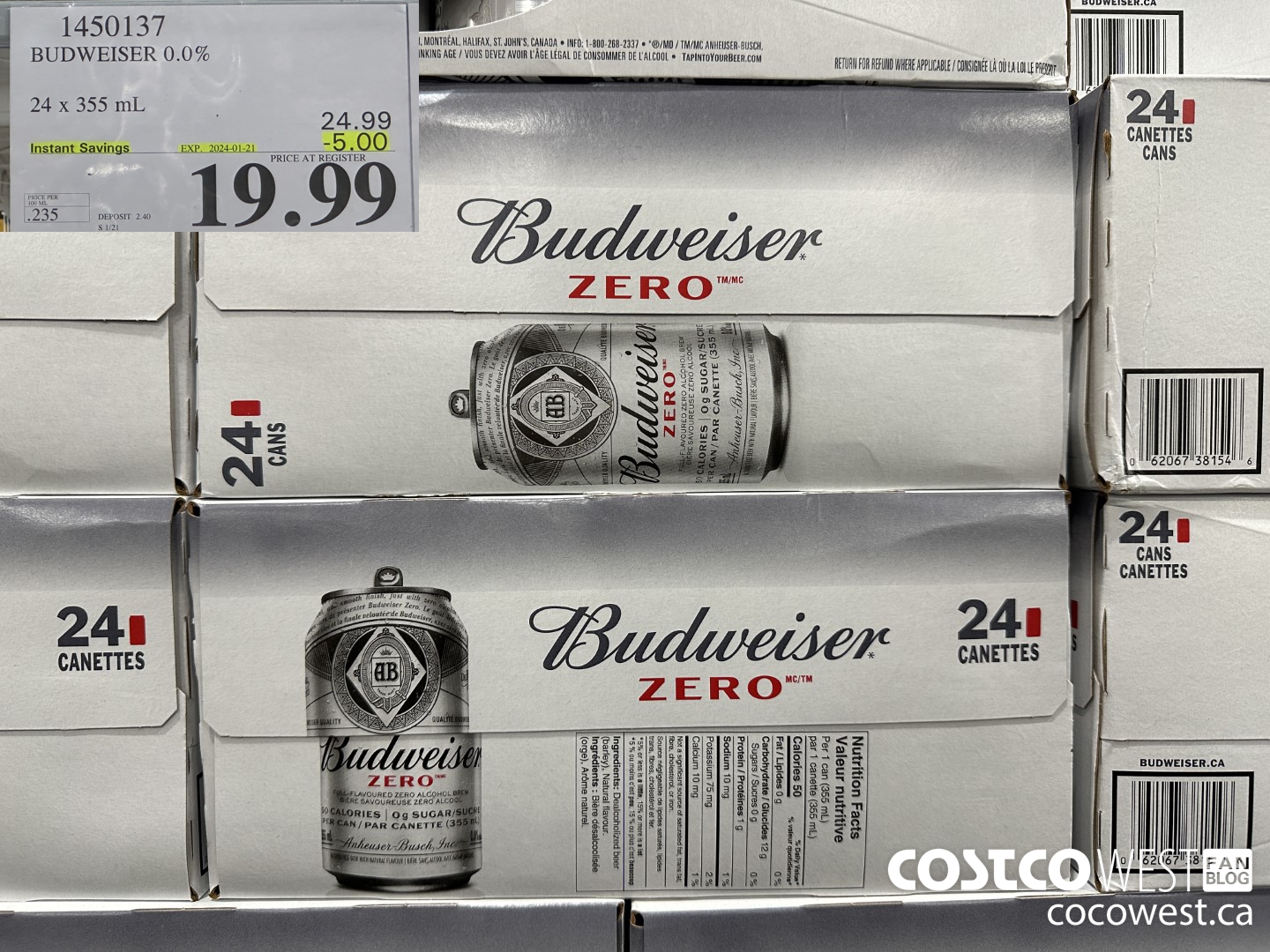 1450137 BUDWEISER 0.0% 24 x 355 mL ($5.00 INSTANT SAVINGS EXPIRES ON 2024-01-21) $19.99