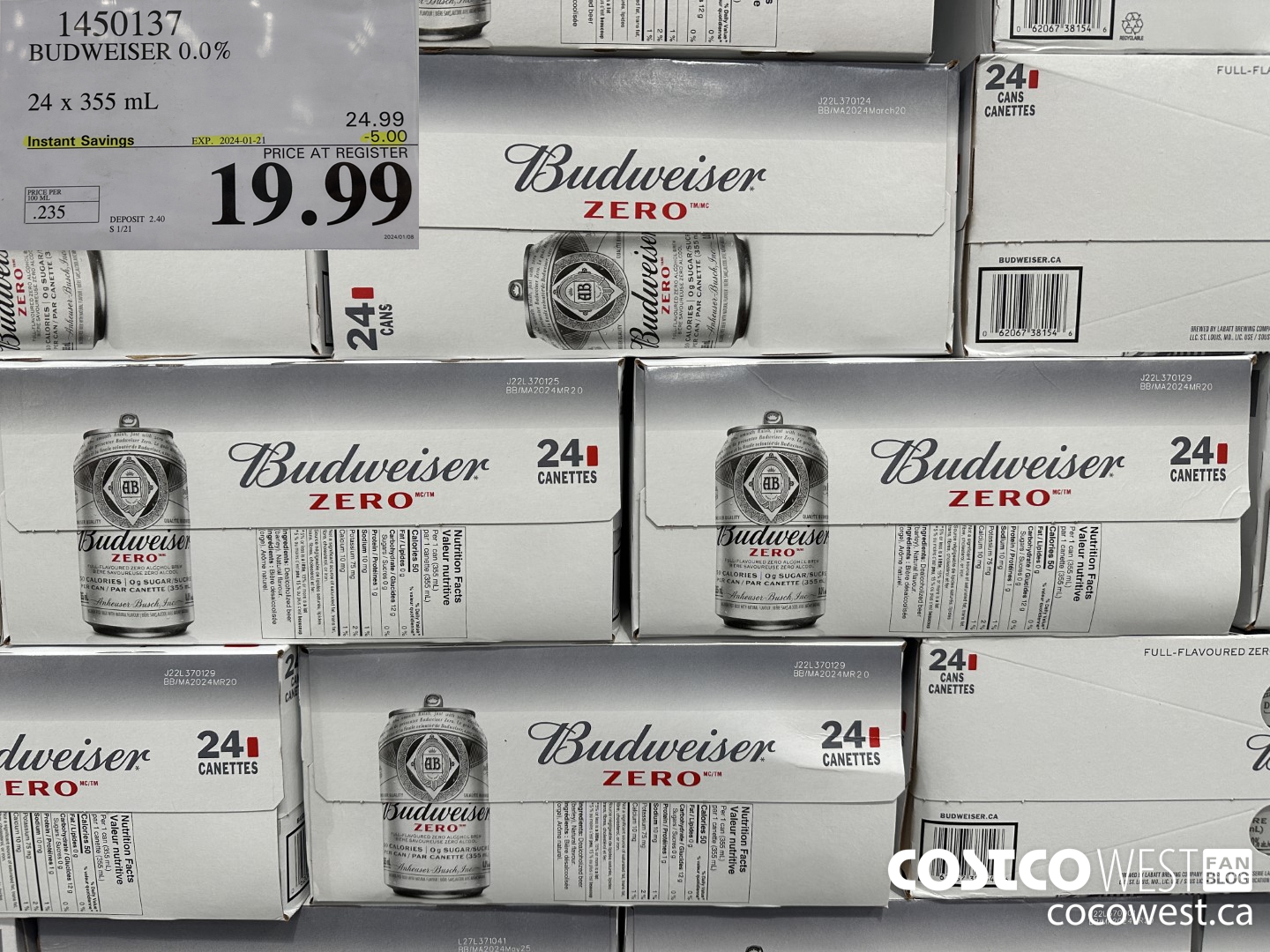 1450137 BUDWEISER 0.0% 24 x 355 mL ($5.00 INSTANT SAVINGS EXPIRES ON 2024-01-21) $19.99