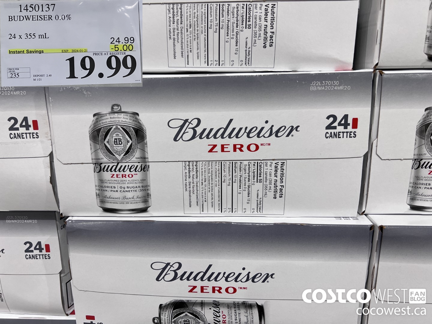 1450137 BUDWEISER 0.0% 24 x 355 mL ($5.00 INSTANT SAVINGS EXPIRES ON 2024-01-21) $19.99