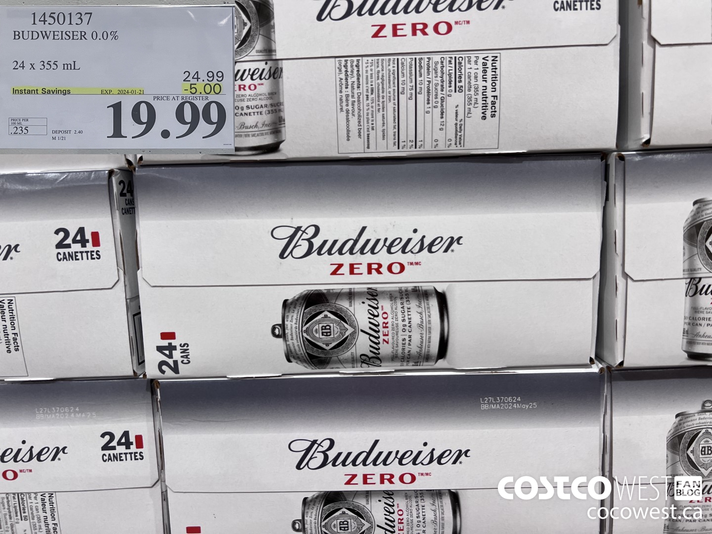 1450137 BUDWEISER 0.0% 24 x 355 mL ($5.00 INSTANT SAVINGS EXPIRES ON 2024-01-21) $19.99