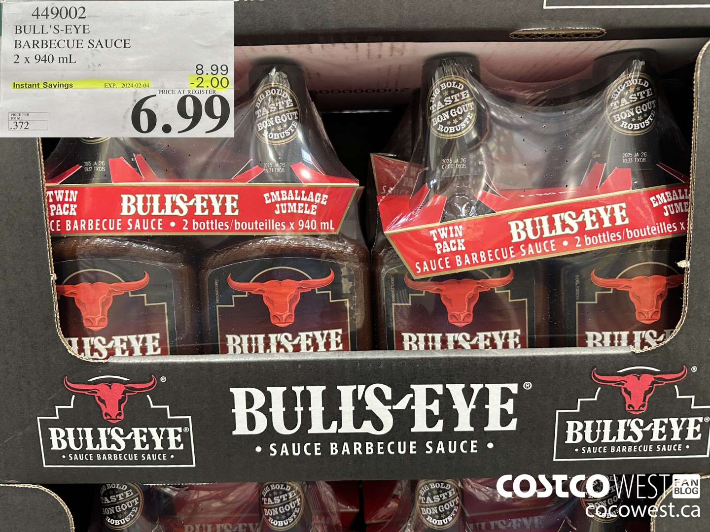 449002 BULLSEYE ORIGINAL BARBECUE SAUCE 2 X 940ML ($2.00 INSTANT SAVINGS EXPIRES ON 2024-02-04) $6.99