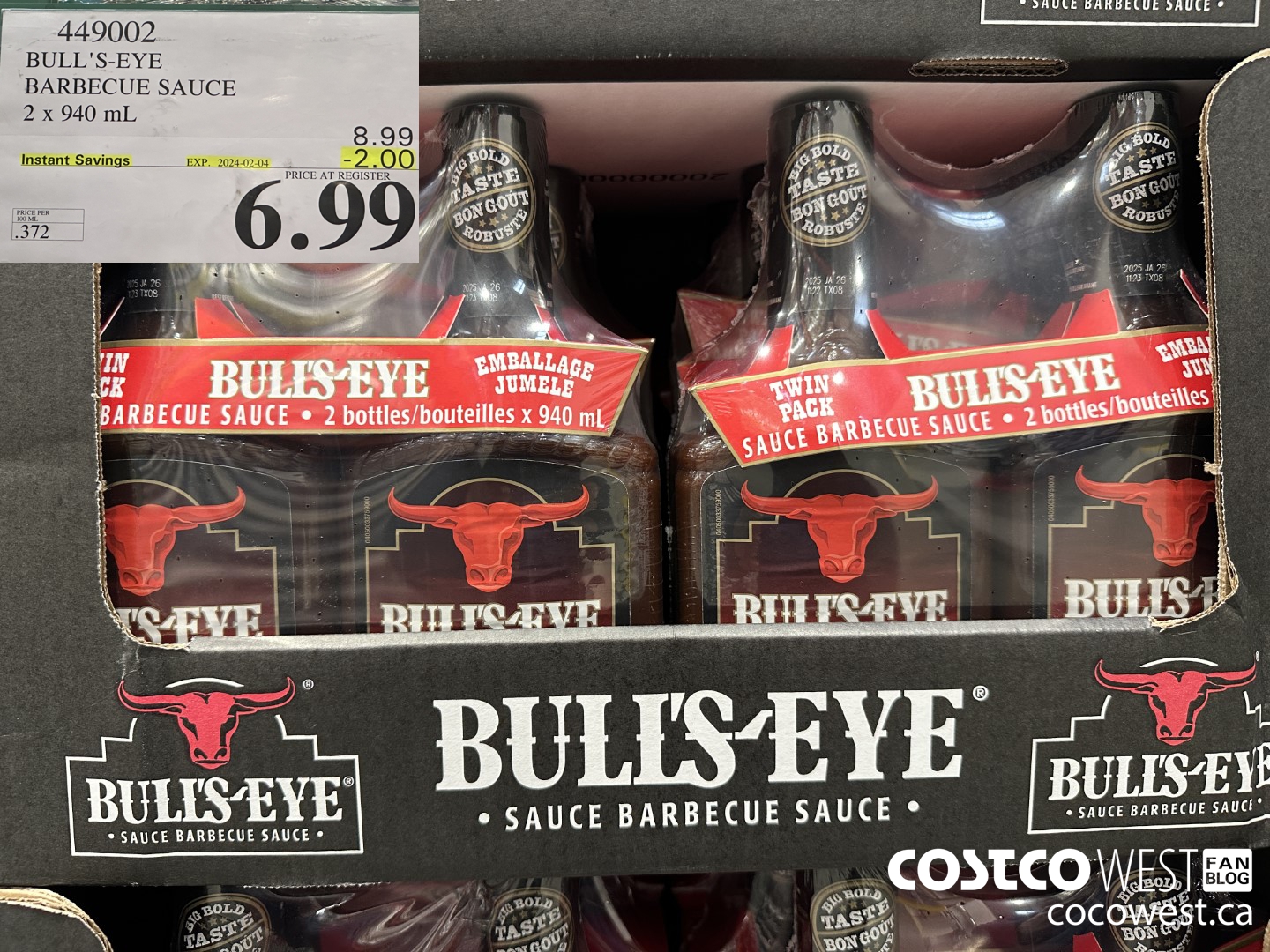 449002 BULLSEYE ORIGINAL BARBECUE SAUCE 2 X 940ML ($2.00 INSTANT SAVINGS EXPIRES ON 2024-02-04) $6.99