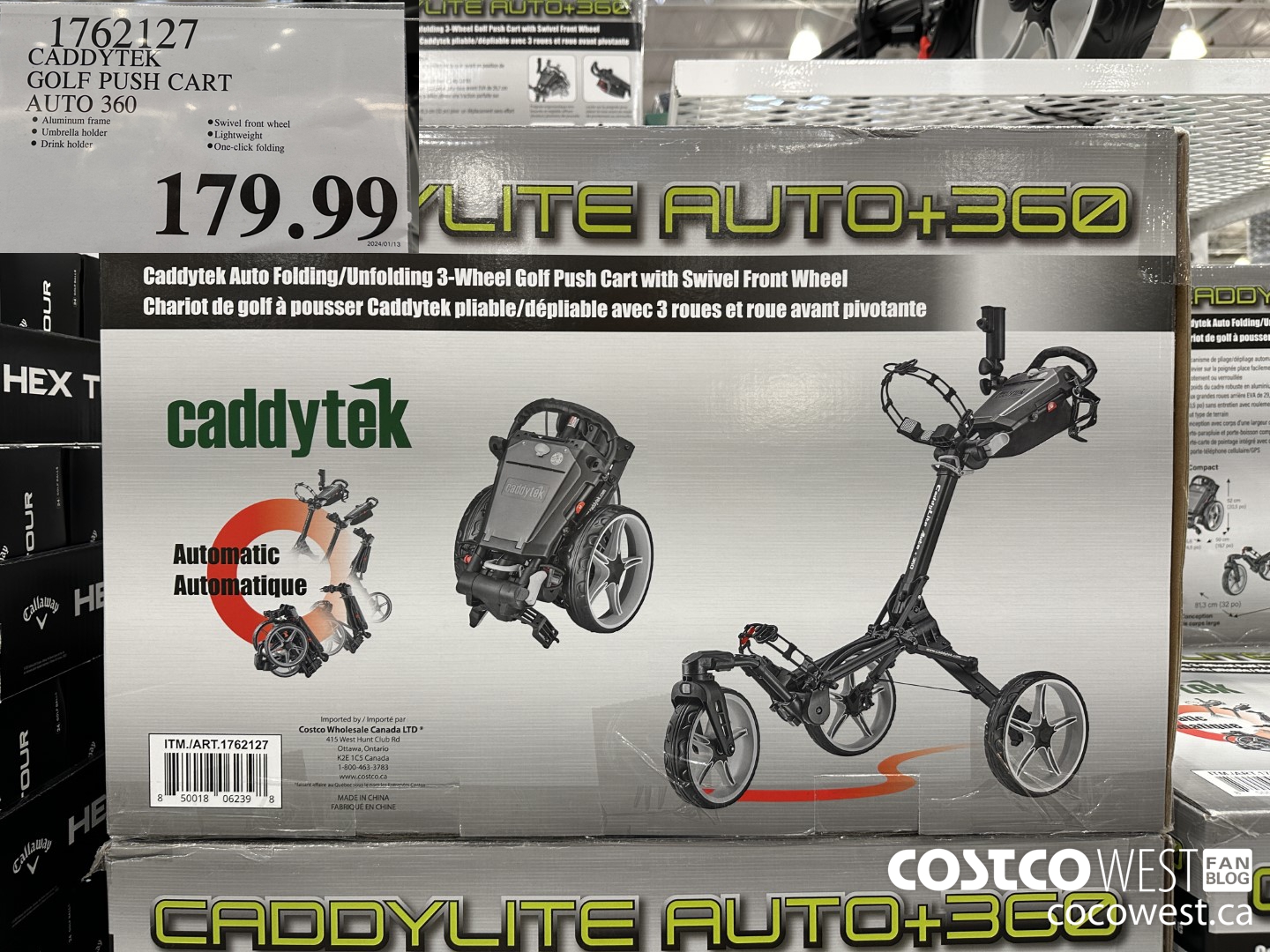 1762127 CADDYTEK GOLF PUSH CART AUTO 360 $179.99