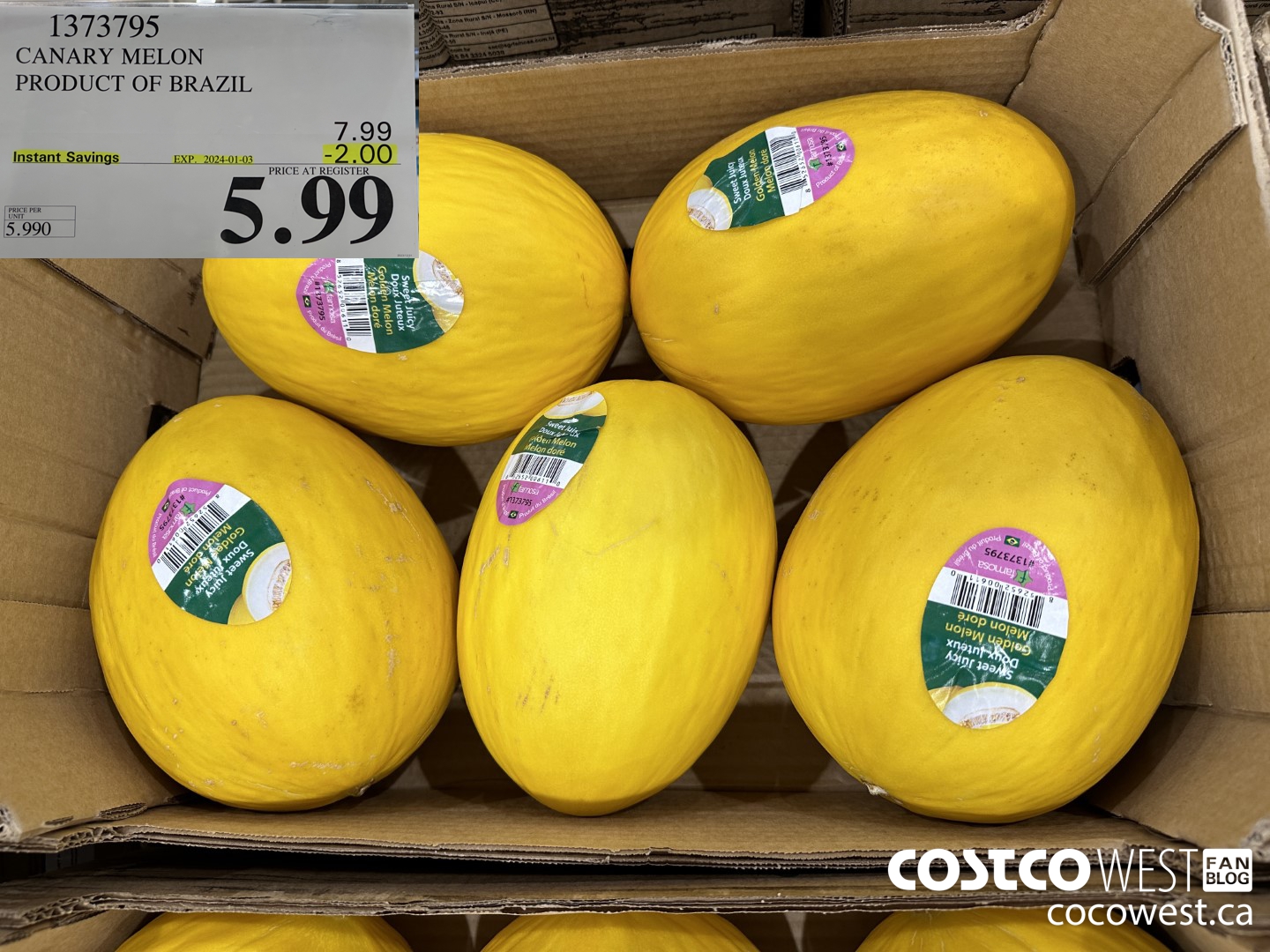 1373795 CANARY MELON PRODUCT OF BRAZIL  ($2.00 INSTANT SAVINGS EXPIRES ON 2024-01-03) $5.99