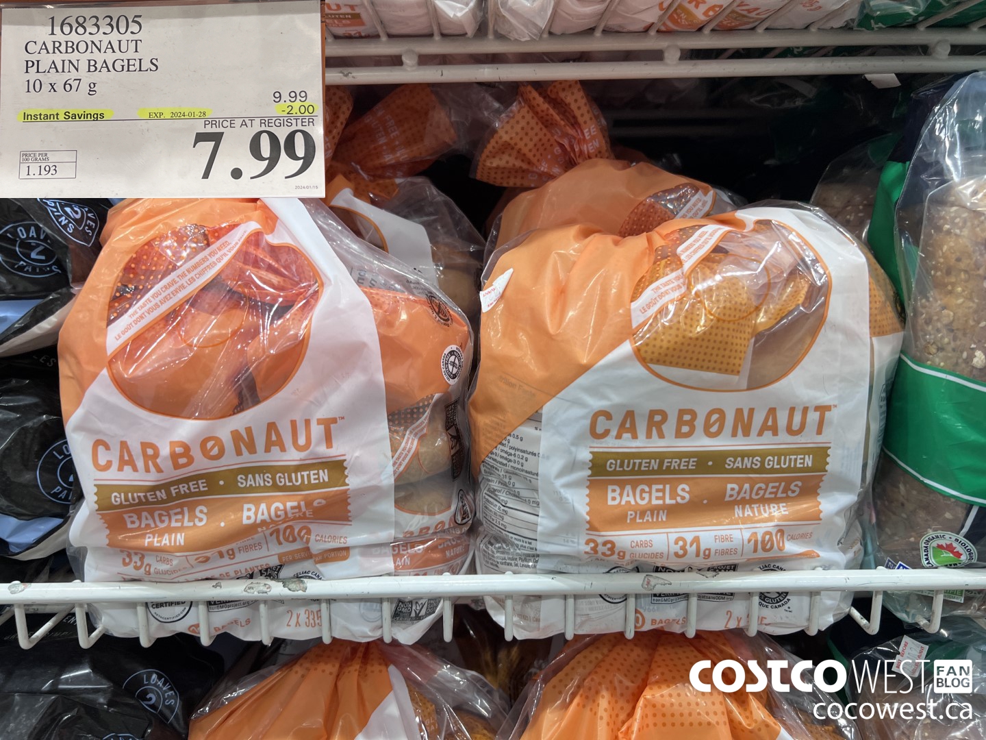 1683305 CARBONAUT PLAIN BAGELS 10 X 67 G ($2.00 INSTANT SAVINGS EXPIRES ON 2024-01-28) $7.99