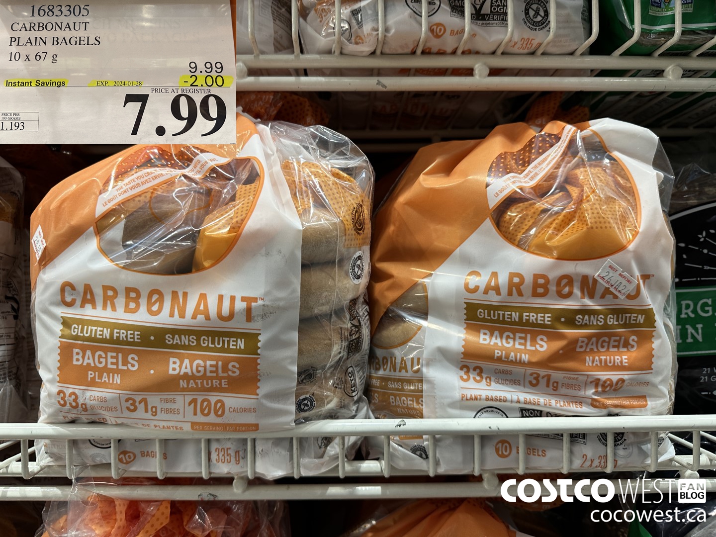 1683305 CARBONAUT PLAIN BAGELS 10 X 67 G ($2.00 INSTANT SAVINGS EXPIRES ON 2024-01-28) $7.99