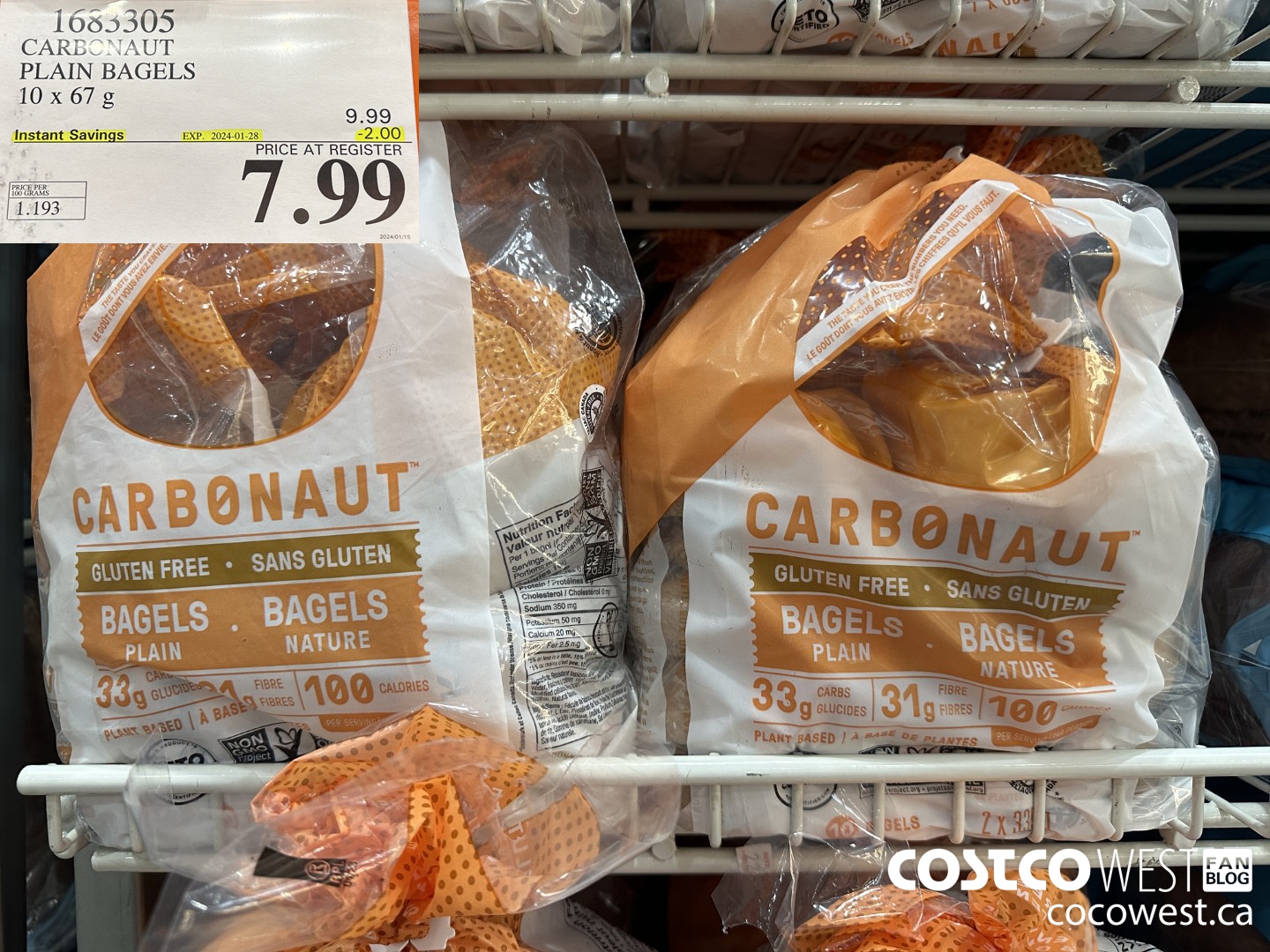 1683305 CARBONAUT PLAIN BAGELS 10 X 67 G ($2.00 INSTANT SAVINGS EXPIRES ON 2024-01-28) $7.99