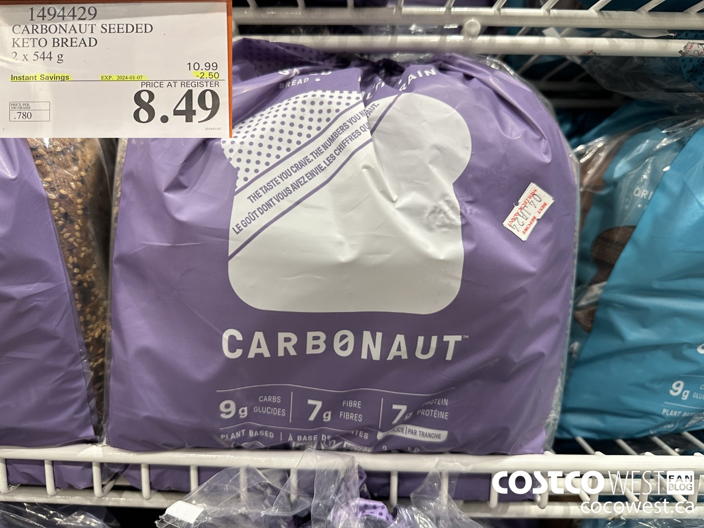 1494429 CARBONAUT SEEDED KETO BREAD 2 x 544 g ($2.50 INSTANT SAVINGS EXPIRES ON 2024-01-07) $8.49