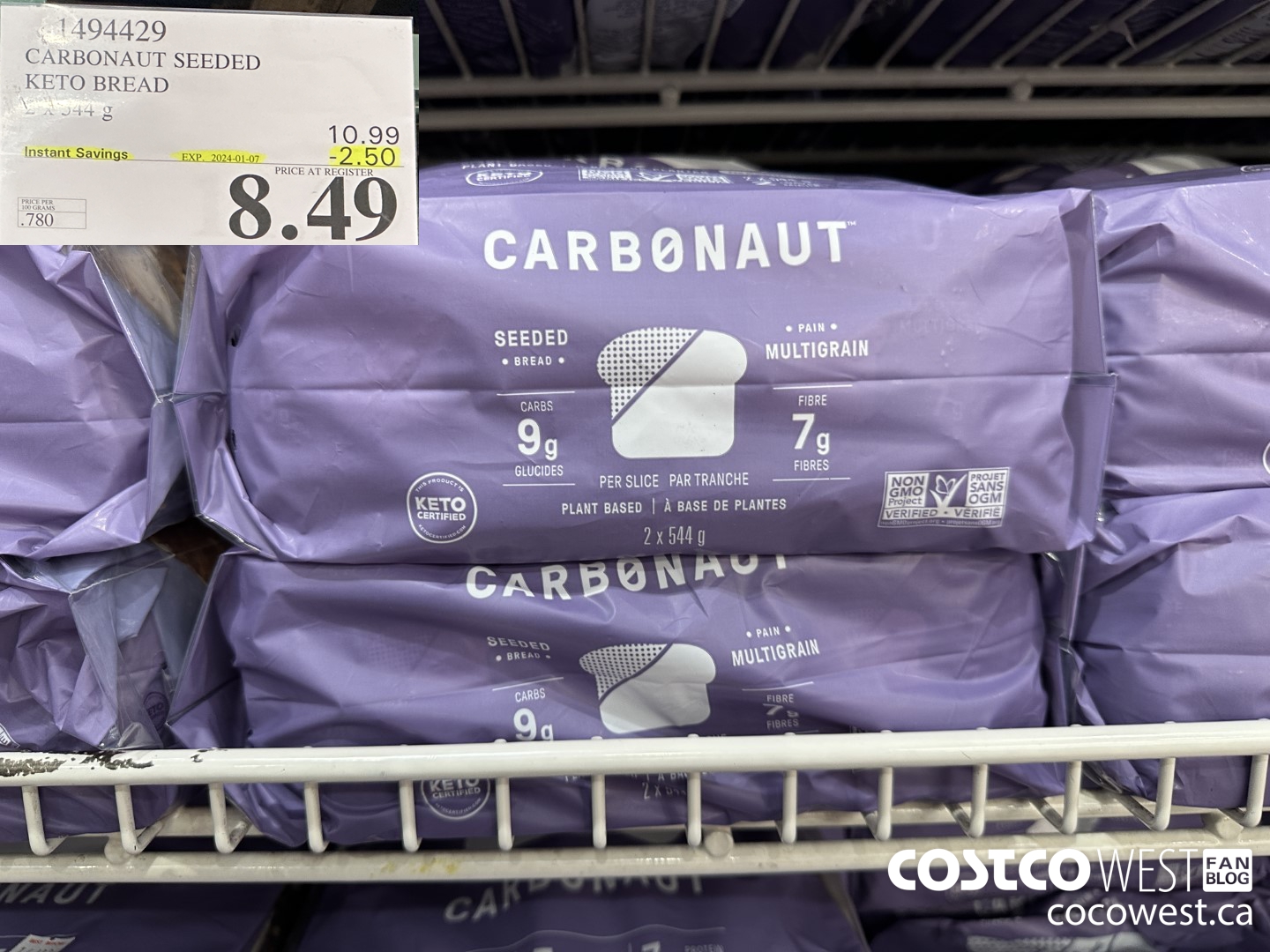 1494429 CARBONAUT SEEDED KETO BREAD 2 x 544 g ($2.50 INSTANT SAVINGS EXPIRES ON 2024-01-07) $8.49
