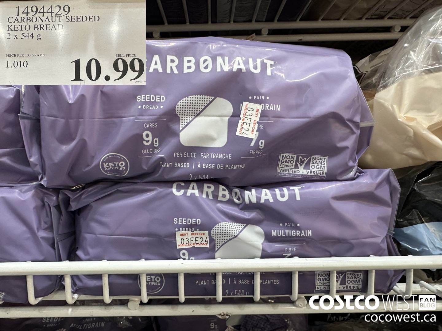 1494429 CARBONAUT SEEDED KETO BREAD 2 x 544 g $10.99