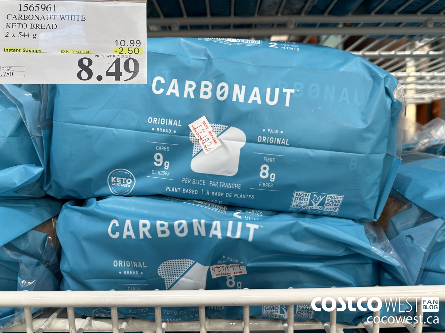 1565961 CARBONAUT WHITE KETO BREAD 2 x 544 g ($2.50 INSTANT SAVINGS EXPIRES ON 2024-01-14) $8.49