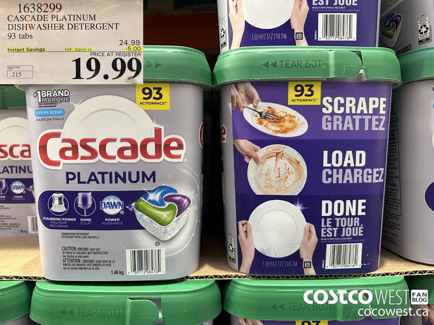 1638299 CASCADE PLATINUM DISHWASHER DETERGENT 93 TABS ($5.00 INSTANT SAVINGS EXPIRES ON 2024-01-14) $19.99