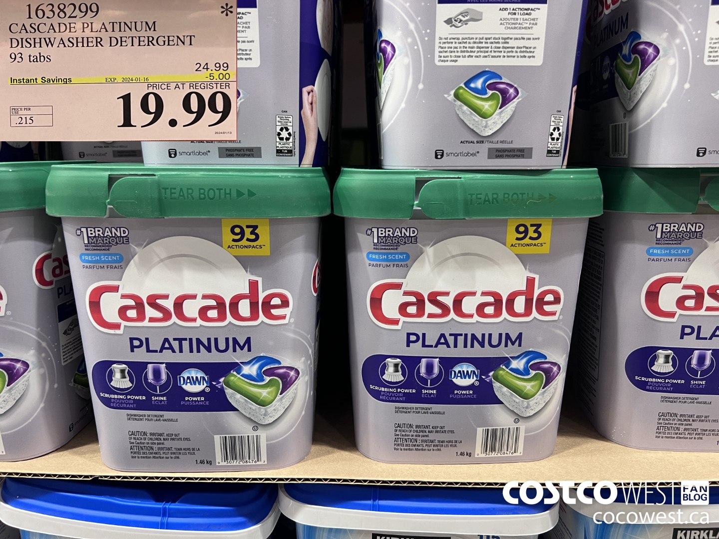 1638299 CASCADE PLATINUM DISHWASHER DETERGENT 93 TABS ($5.00 INSTANT SAVINGS EXPIRES ON 2024-01-16) $19.99