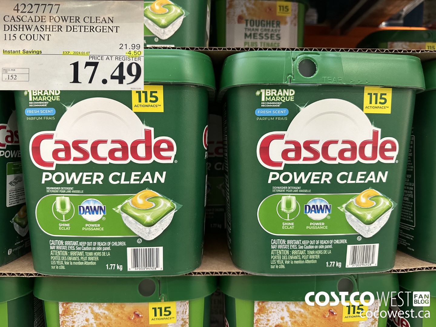 4227777 CASCADE POWER CLEAN DISHWASHER DETERGENT 115 COUNT ($4.50 INSTANT SAVINGS EXPIRES ON 2024-01-07) $17.49