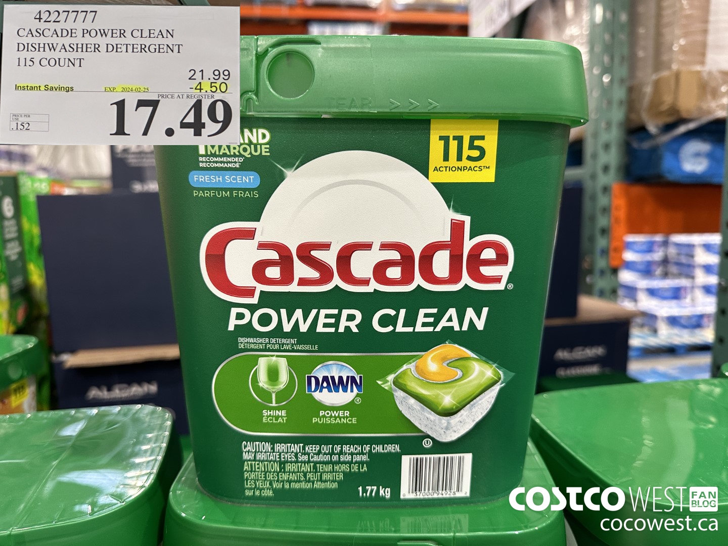 4227777 CASCADE POWER CLEAN DISHWASHER DETERGENT 115 COUNT ($4.50 INSTANT SAVINGS EXPIRES ON 2024-02-25) $17.49