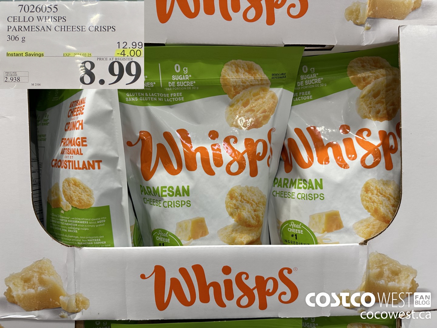 7026055 CELLO WHISPS PARMESAN CHEESE CRISPS 306G ($4.00 INSTANT SAVINGS EXPIRES ON 2024-02-25) $8.99
