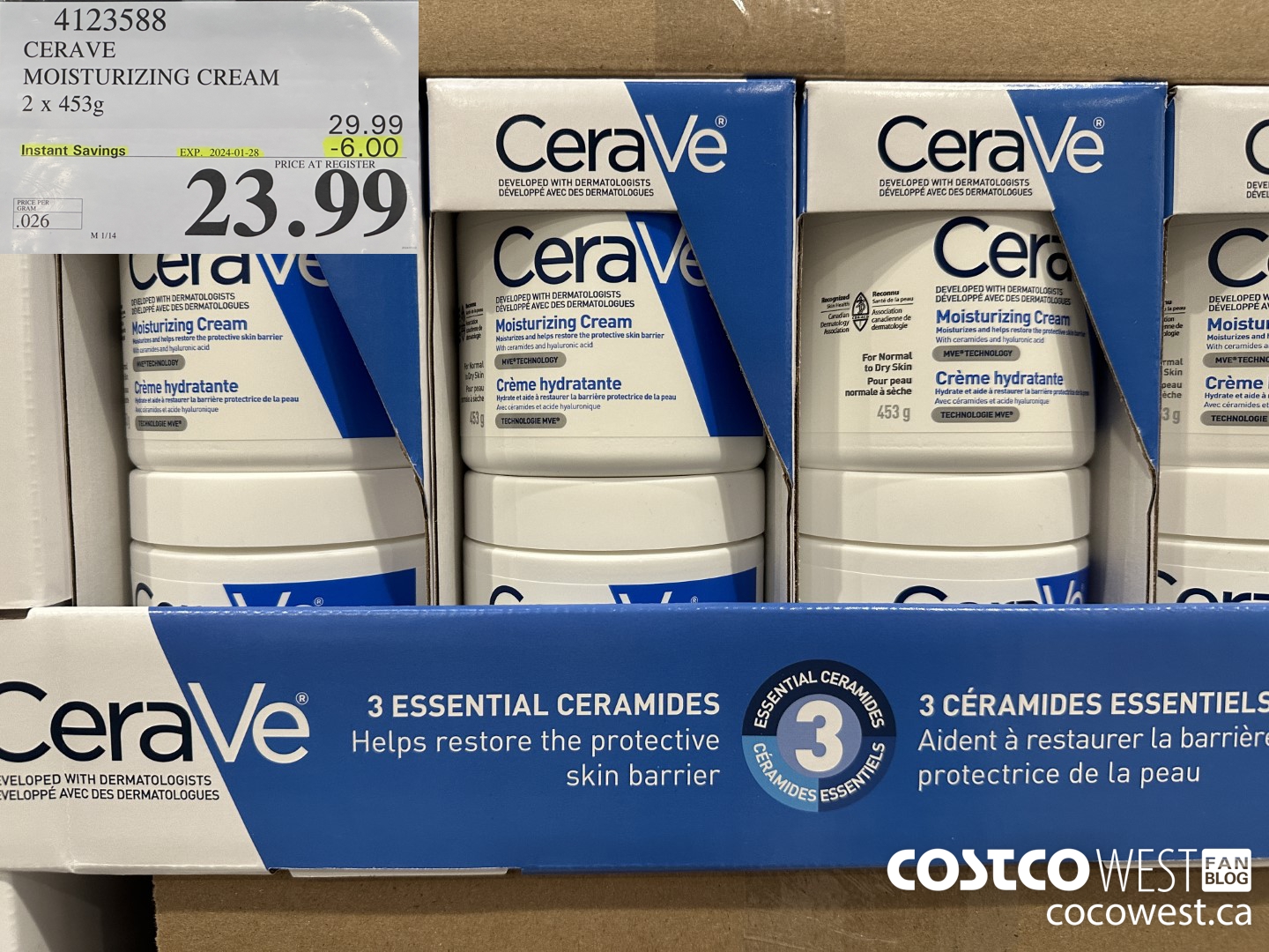 4123588 CERAVE MOSTURIZING CREAM 2 X 453G ($6.00 INSTANT SAVINGS EXPIRES ON 2024-01-28) $23.99
