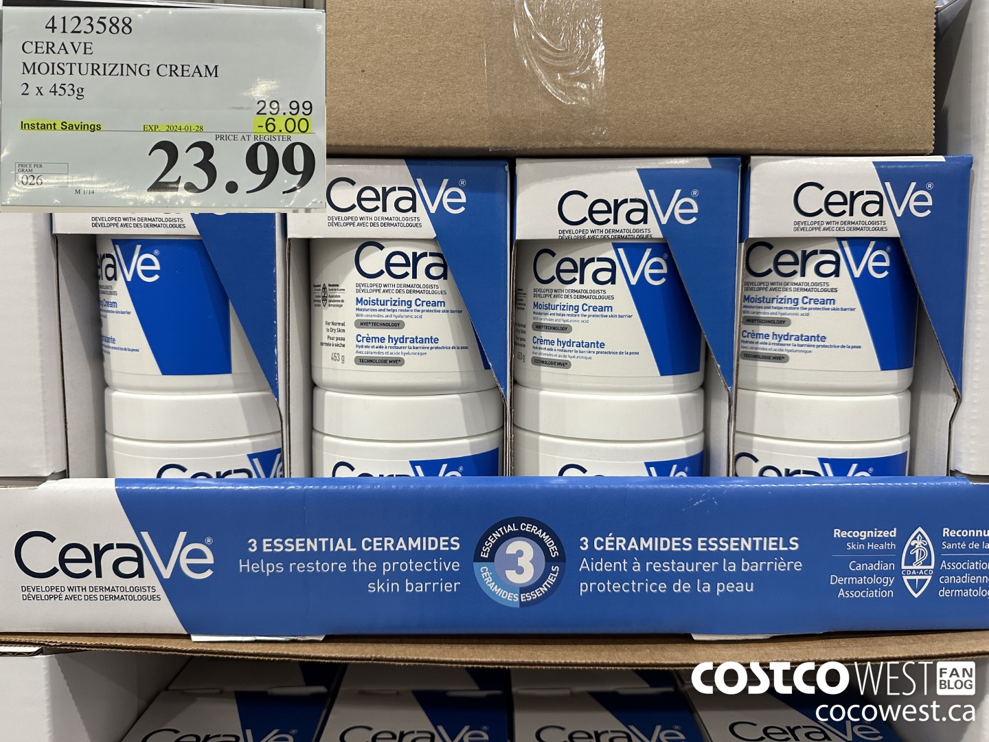4123588 CERAVE MOSTURIZING CREAM 2 X 453G ($6.00 INSTANT SAVINGS EXPIRES ON 2024-01-28) $23.99