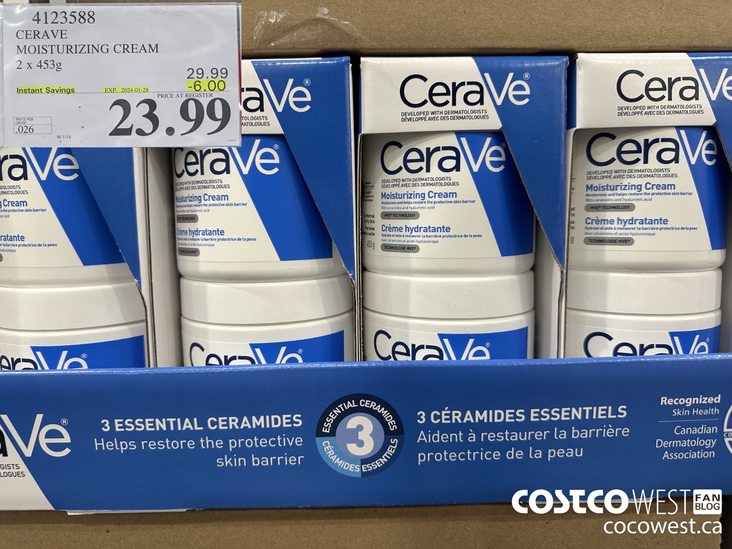 4123588 CERAVE MOSTURIZING CREAM 2 X 453G ($6.00 INSTANT SAVINGS EXPIRES ON 2024-01-28) $23.99