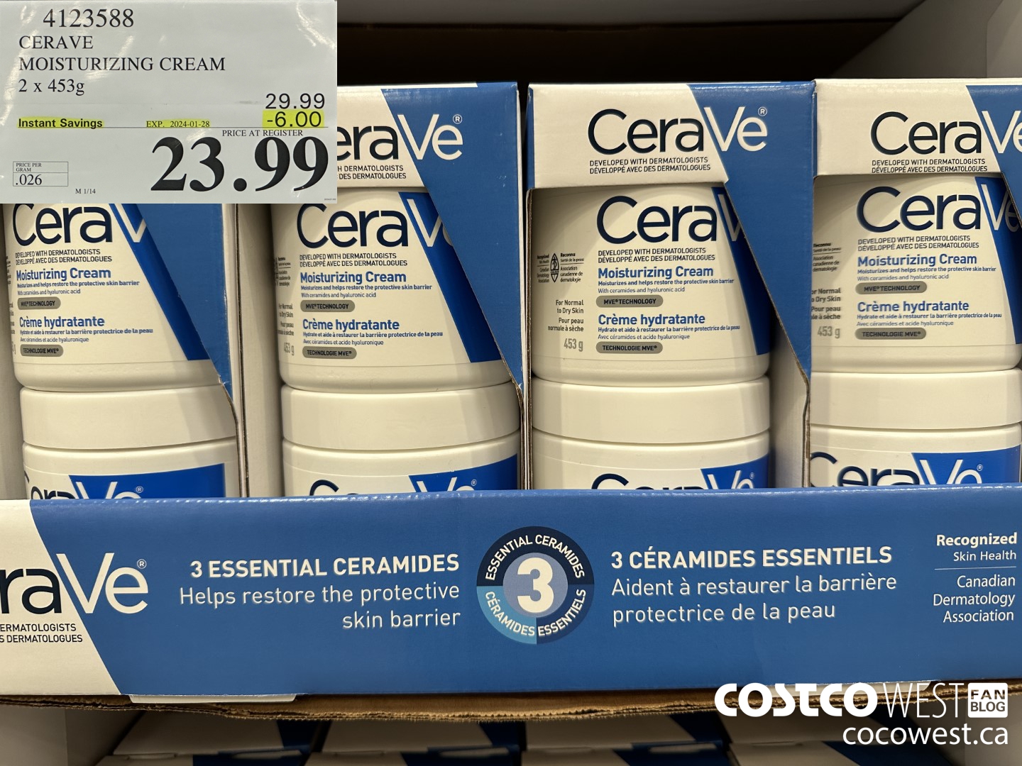 4123588 CERAVE MOSTURIZING CREAM 2 X 453G ($6.00 INSTANT SAVINGS EXPIRES ON 2024-01-28) $23.99