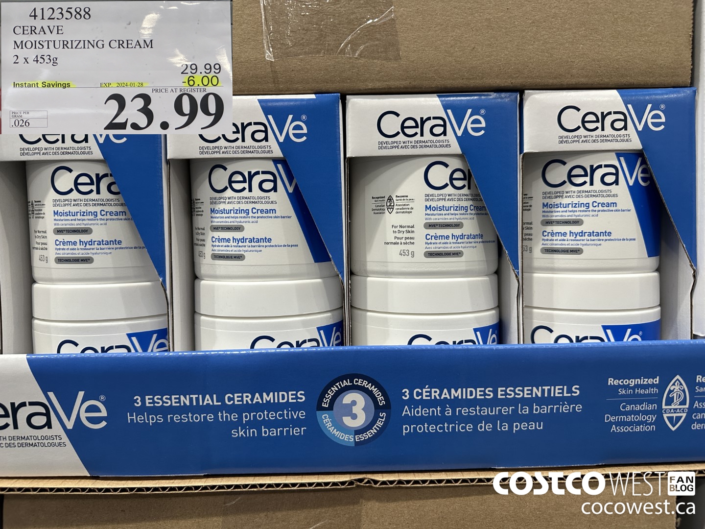 4123588 CERAVE MOSTURIZING CREAM 2 X 453G ($6.00 INSTANT SAVINGS EXPIRES ON 2024-01-28) $23.99