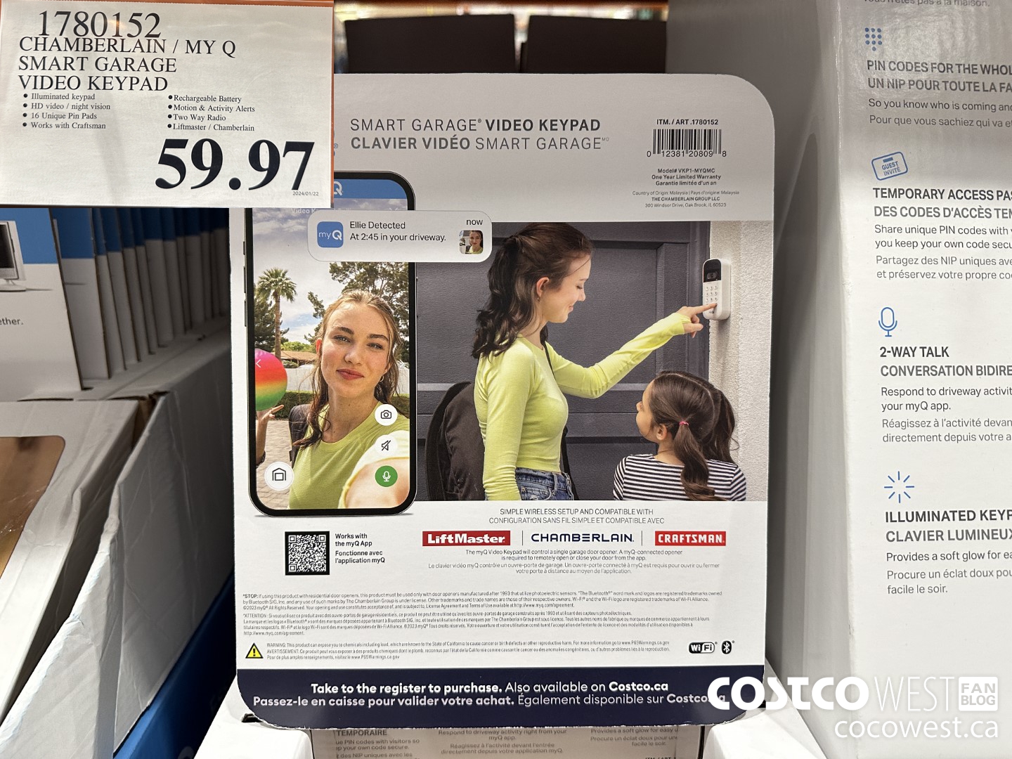 1780152 CHAMBERLAIN / MY Q SMART GARAGE VIDEO KEYPAD $59.97