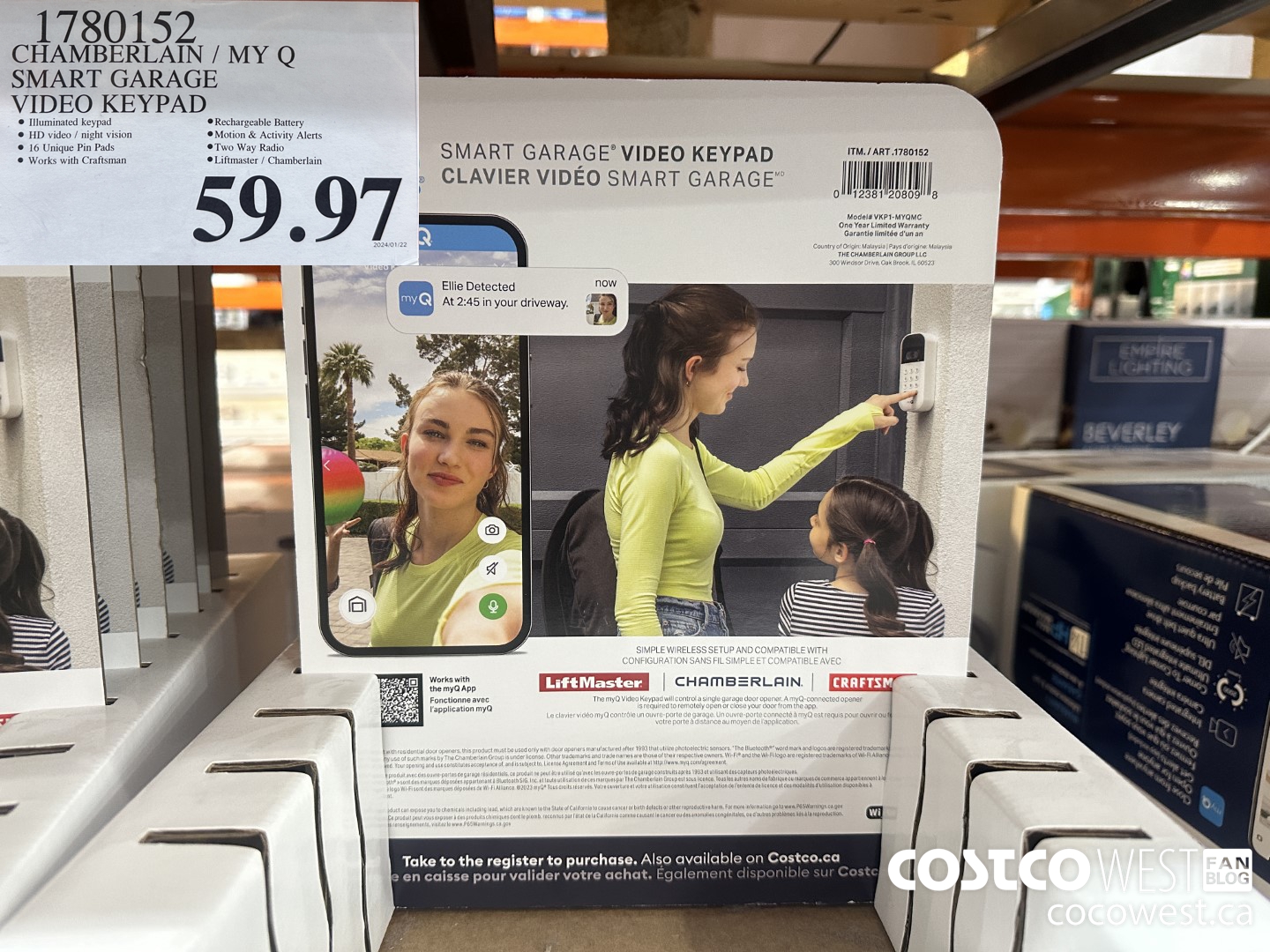 1780152 CHAMBERLAIN / MY Q SMART GARAGE VIDEO KEYPAD $59.97