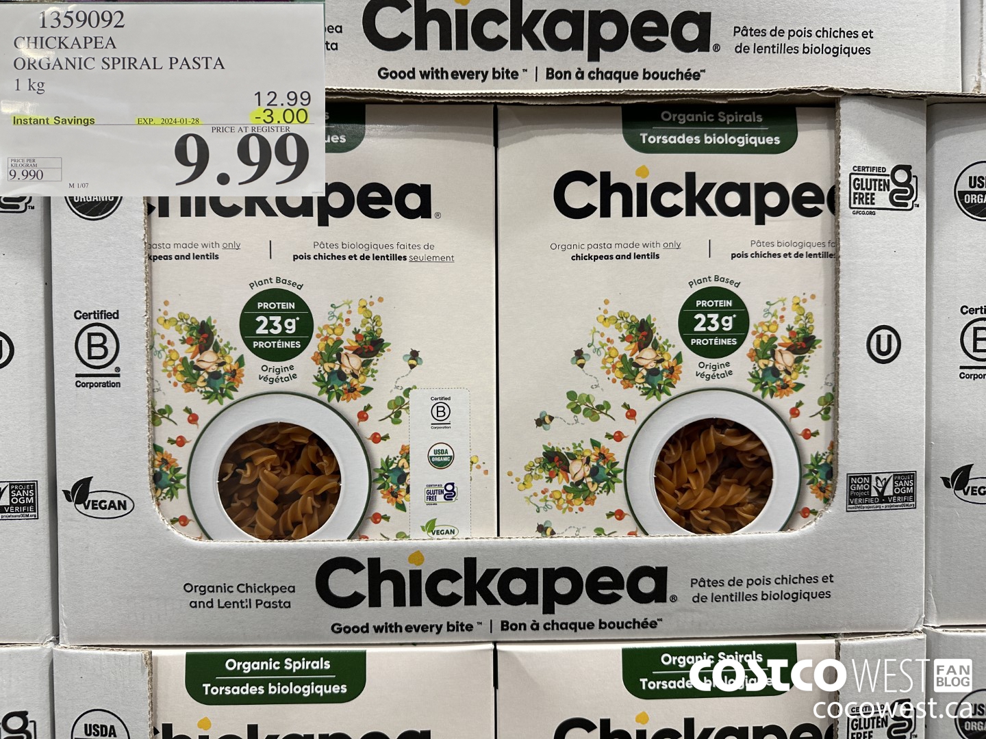 1359092 CHICKAPEA ORGANIC SPIRAL PASTA 1 kg ($3.00 INSTANT SAVINGS EXPIRES ON 2024-01-28) $9.99