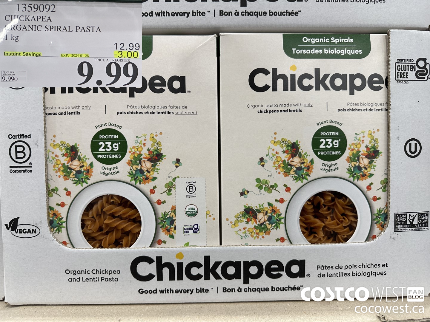 1359092 CHICKAPEA ORGANIC SPIRAL PASTA 1 kg ($3.00 INSTANT SAVINGS EXPIRES ON 2024-01-28) $9.99
