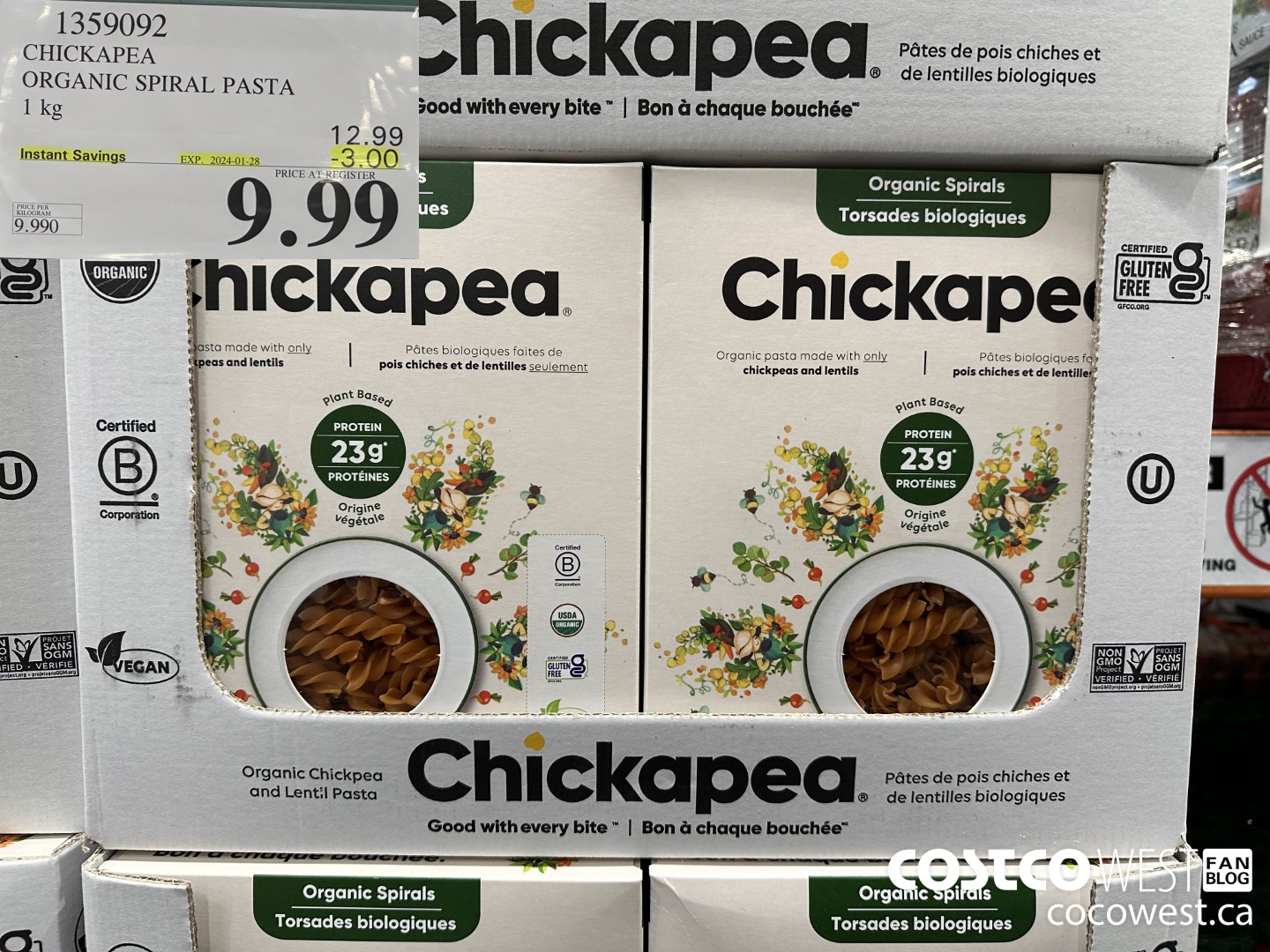 1359092 CHICKAPEA ORGANIC SPIRAL PASTA 1 kg ($3.00 INSTANT SAVINGS EXPIRES ON 2024-01-28) $9.99