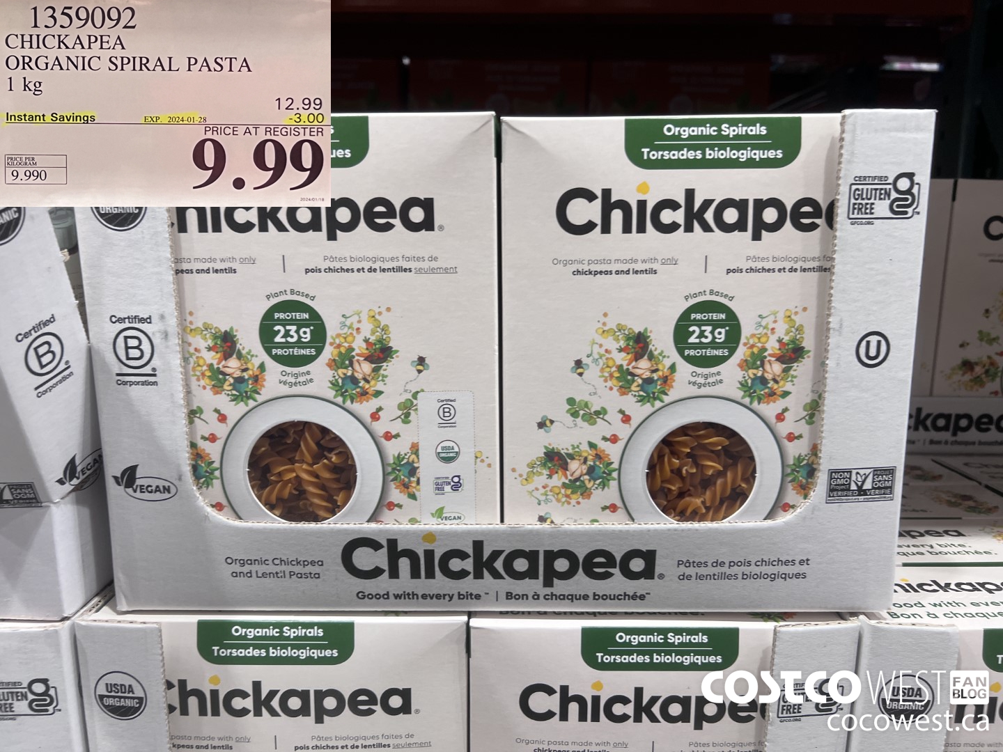 1359092 CHICKAPEA ORGANIC SPIRAL PASTA 1 kg ($3.00 INSTANT SAVINGS EXPIRES ON 2024-01-28) $9.99