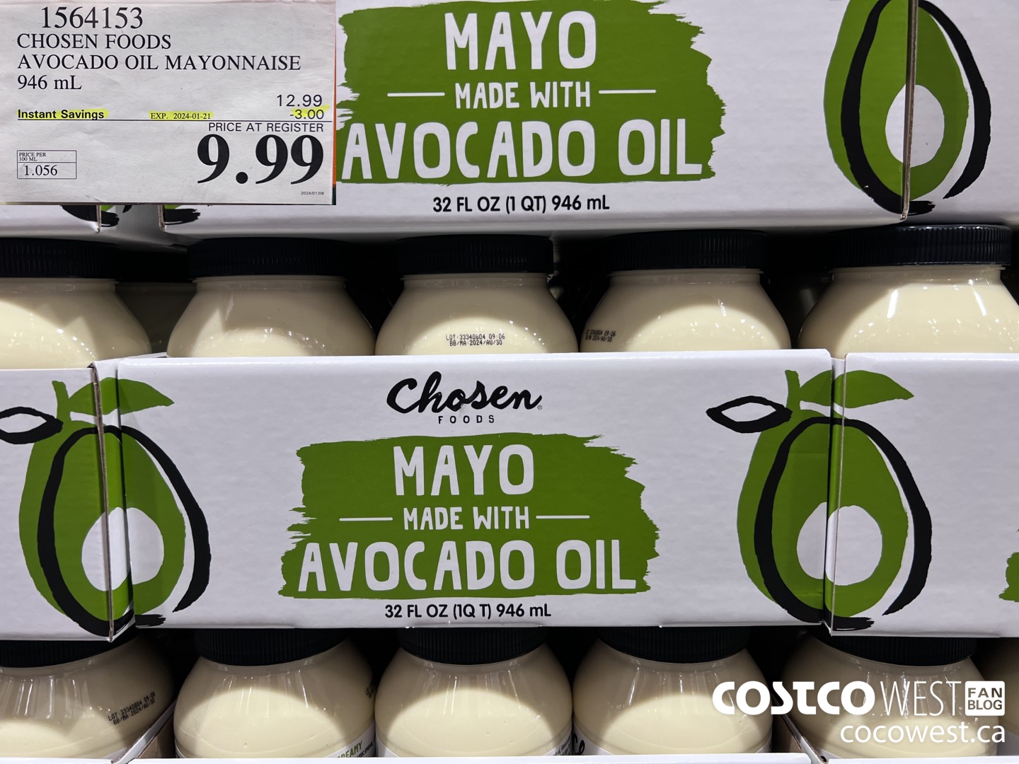 1564153 CHOSEN FOODS AVOCADO OIL MAYONNAISE 946 mL ($3.00 INSTANT SAVINGS EXPIRES ON 2024-01-21) $9.99
