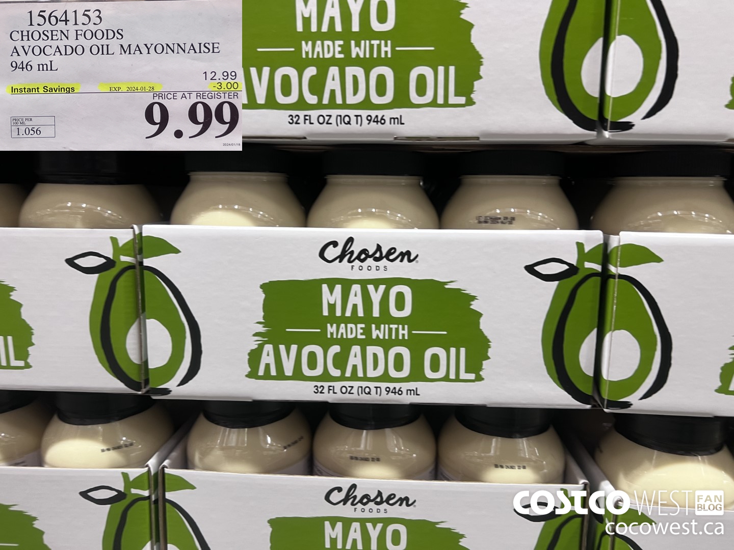 1564153 CHOSEN FOODS AVOCADO OIL MAYONNAISE 946 mL ($3.00 INSTANT SAVINGS EXPIRES ON 2024-01-28) $9.99