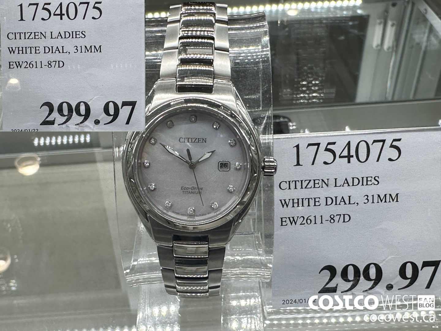 1754075 CITIZEN LADIES WHITE DIAL 31MM EW2611-87D $299.97