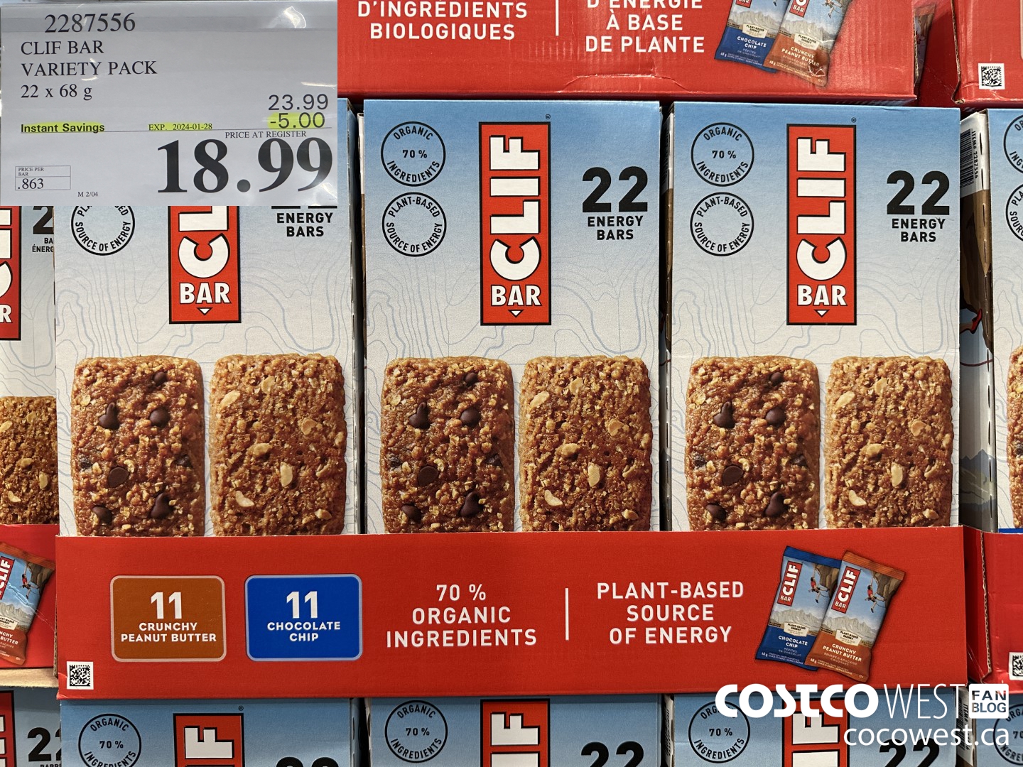 2287556 CLIF BAR VARIETY PACK 22 x 68 g ($5.00 INSTANT SAVINGS EXPIRES ON 2024-01-28) $18.99