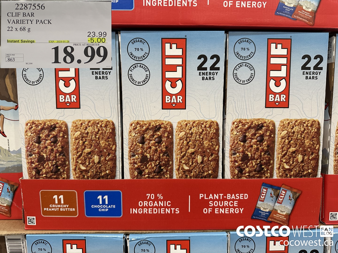 2287556 CLIF BAR VARIETY PACK 22 x 68 g ($5.00 INSTANT SAVINGS EXPIRES ON 2024-01-28) $18.99