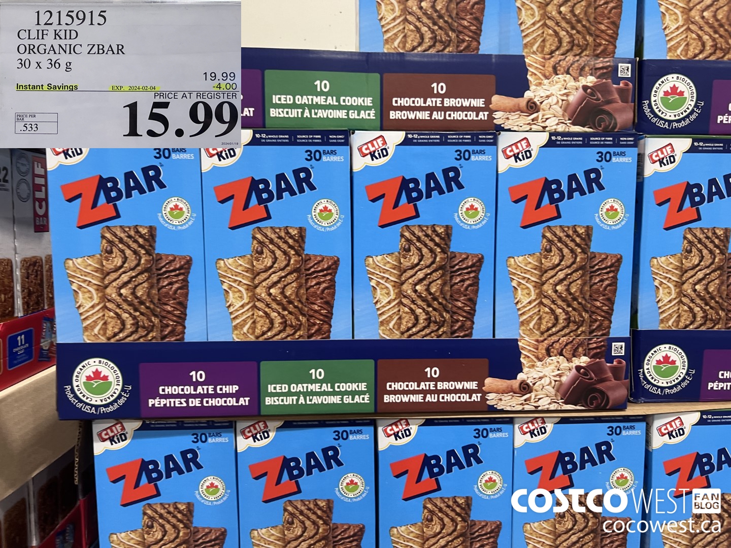 1215915 CLIF KID ORGANIC ZBAR 30 X 36G ($4.00 INSTANT SAVINGS EXPIRES ON 2024-02-04) $15.99