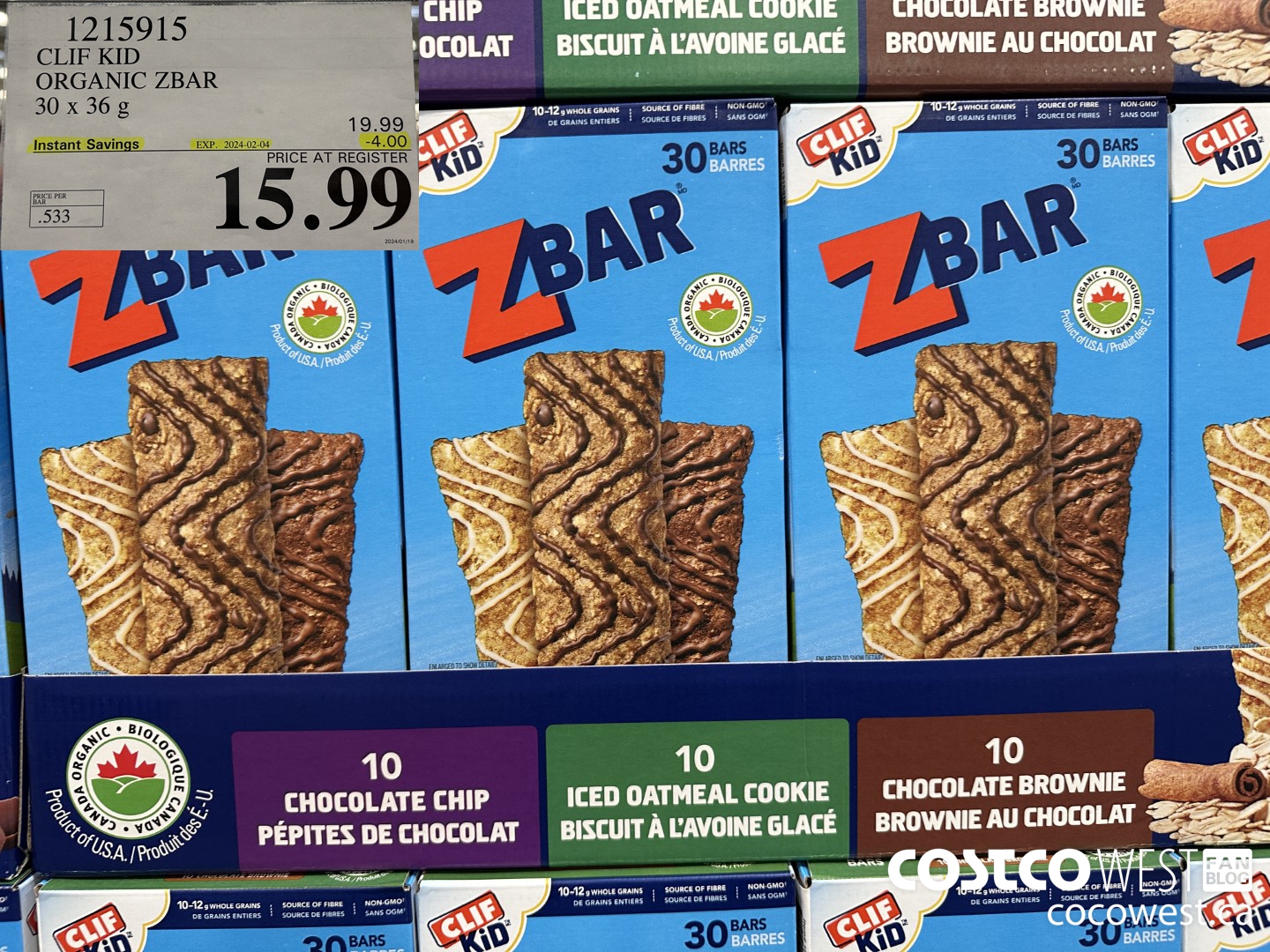 1215915 CLIF KID ORGANIC ZBAR 30 X 36G ($4.00 INSTANT SAVINGS EXPIRES ON 2024-02-04) $15.99
