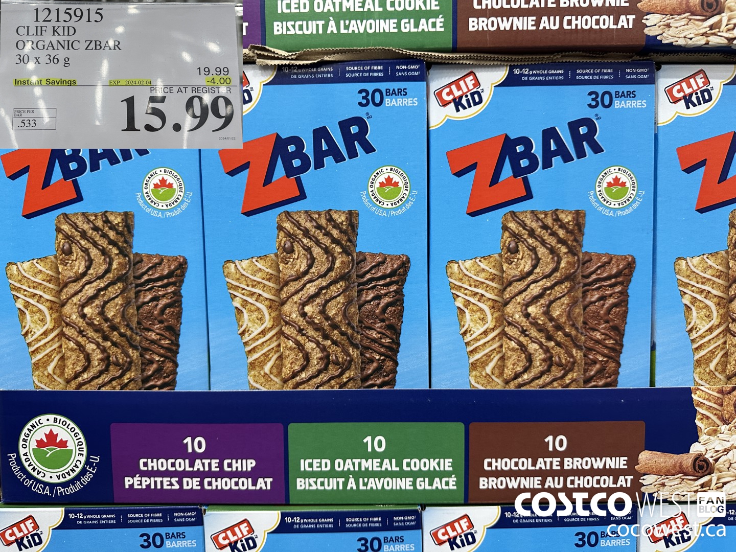 1215915 CLIF KID ORGANIC ZBAR 30 X 36G ($4.00 INSTANT SAVINGS EXPIRES ON 2024-02-04) $15.99