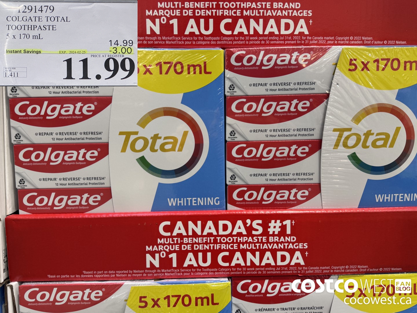 1291479 COLGATE TOTAL TOOTHPASTE 5 x 170 mL ($3.00 INSTANT SAVINGS EXPIRES ON 2024-02-25) $11.99