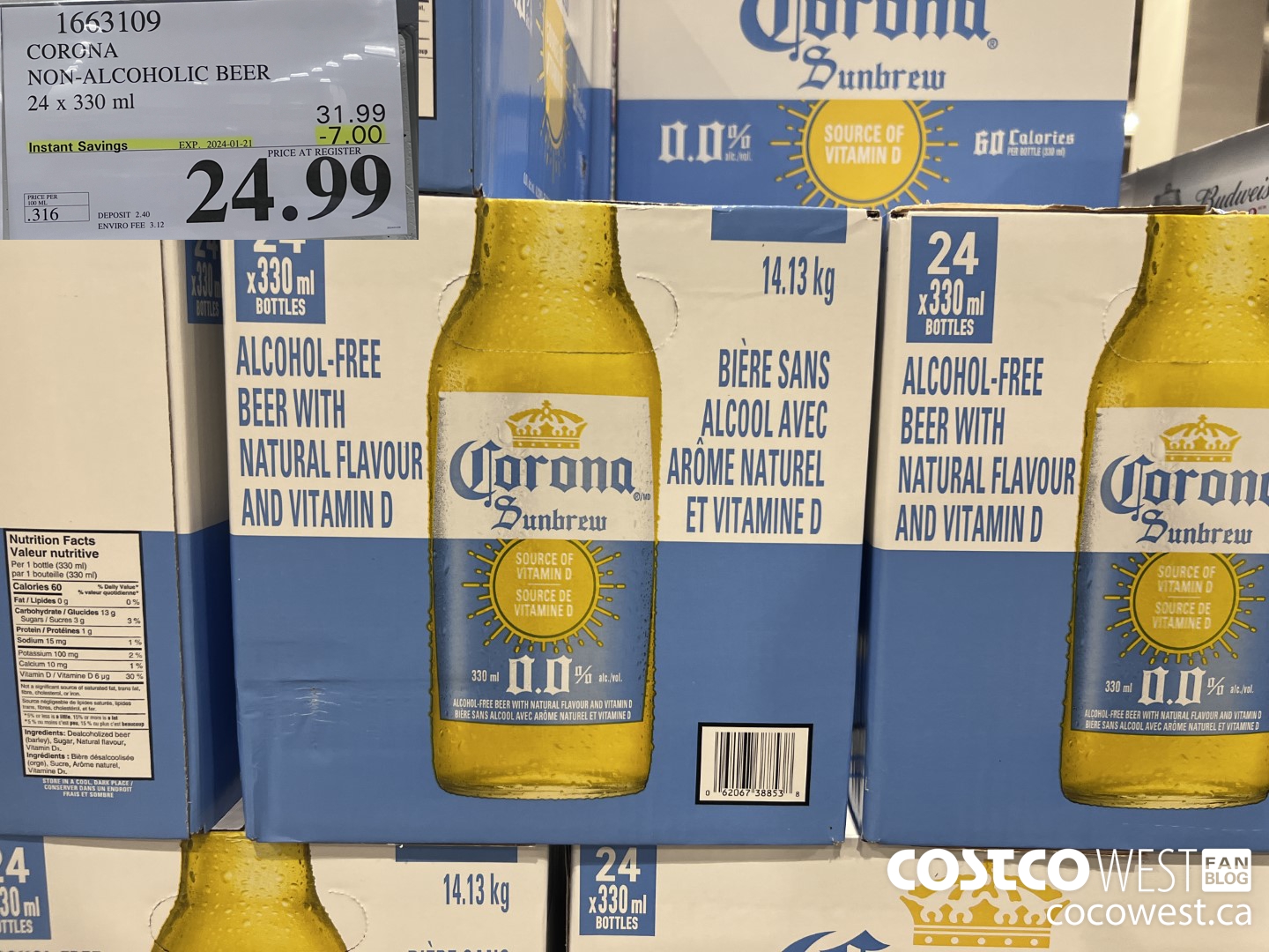 1663109 CORONA NON-ALCOHOLIC BEER 24 X 330 ML ($7.00 INSTANT SAVINGS EXPIRES ON 2024-01-21) $24.99