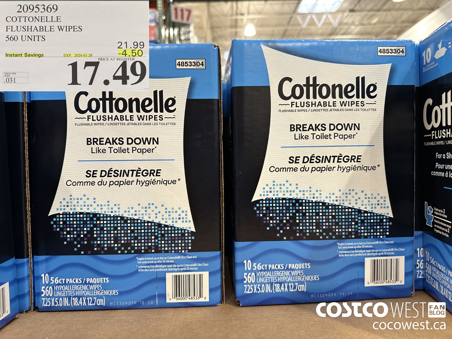 2095369 COTTONELLE FLUSHABLE WIPES 560 UNITS ($4.50 INSTANT SAVINGS EXPIRES ON 2024-01-28) $17.49