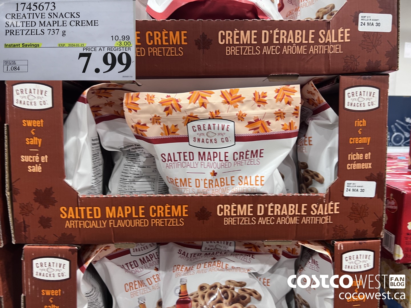1745673 CREATIVE SNACKS SALTED MAPLE CREME PRETZELS 737G ($3.00 INSTANT SAVINGS EXPIRES ON 2024-01-15) $7.99