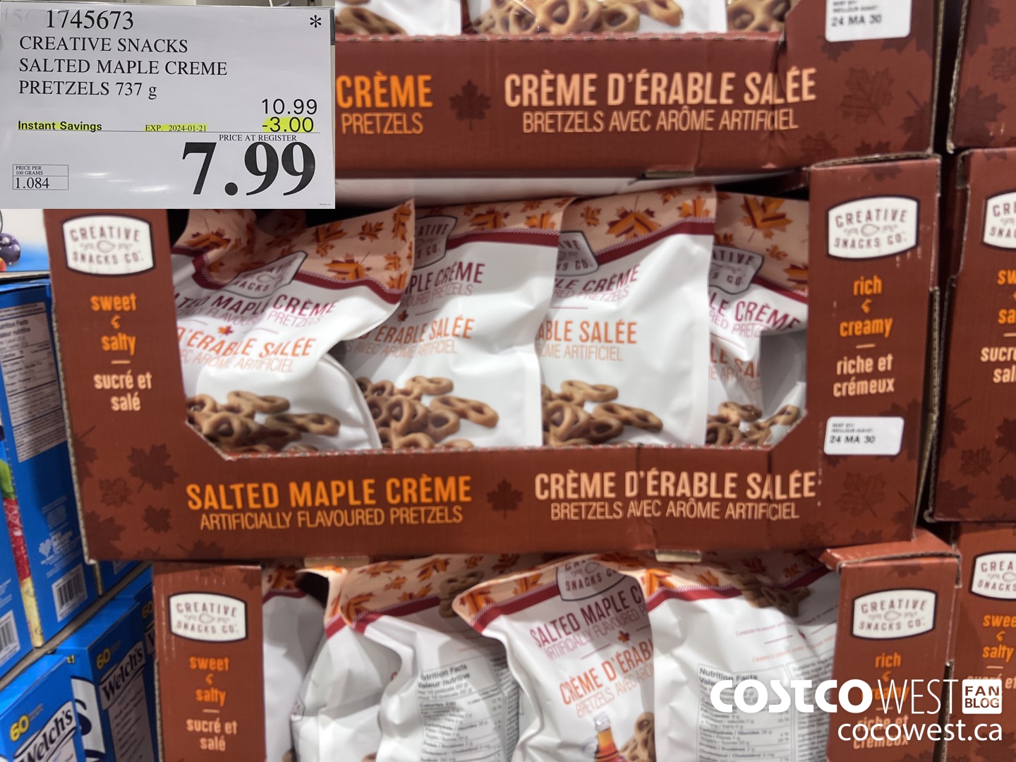 1745673 CREATIVE SNACKS SALTED MAPLE CREME PRETZELS 737G ($3.00 INSTANT SAVINGS EXPIRES ON 2024-01-21) $7.99